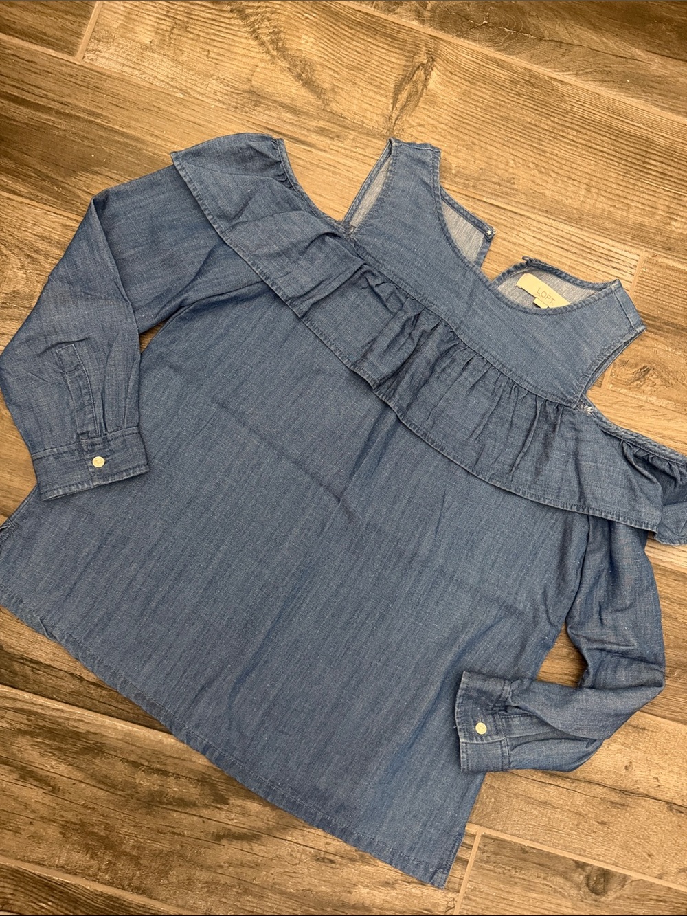 LOFT Denim Chambray Ruffle Cold-Shoulder Top - Blue